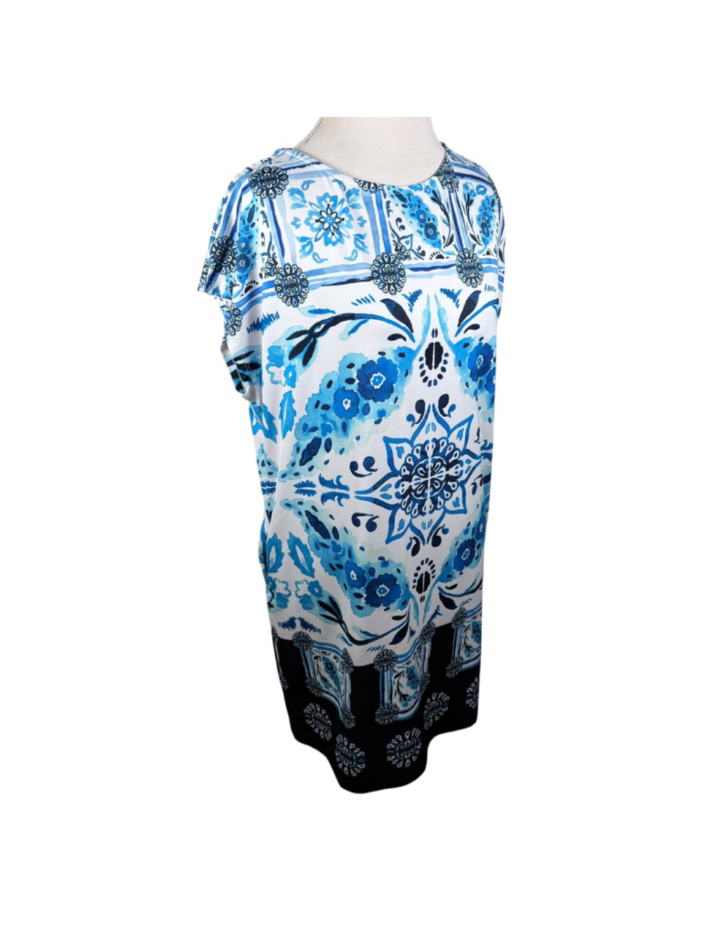 Mely New York Blue White Tile Print Shift Dress Mediterranean Beachy Size XL - Picture 9 of 10
